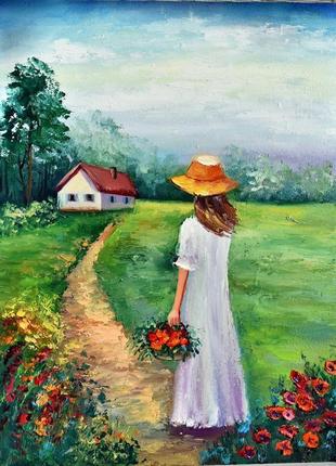 Девушка с цветами, пейзаж, размер,30х40