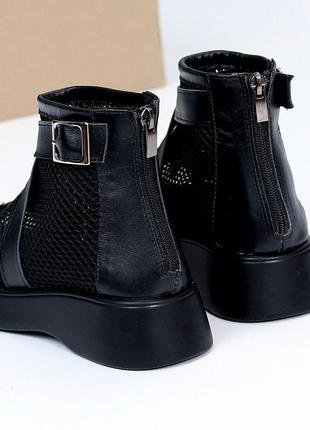 Круті дизайнерські жіночі черевики-босоніжки в чорному кольорі, шкіряні з текстильною вставкою, п'ят7 фото