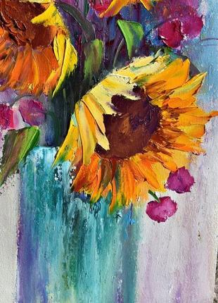 Солнечные подсолнухи в вазе, натюрморт. миниатюрная живопись. 20х302 фото