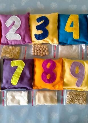 Сенсорные (тактильные) мешочки монтессори с цифрами, раннее развитие детей2 фото