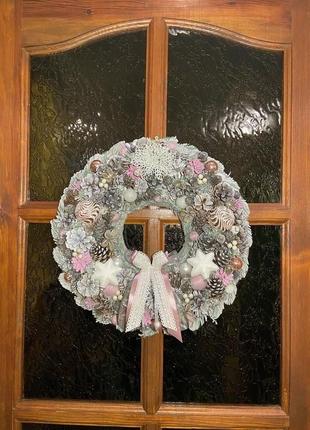 Натуральний різдвяний вінок на двері, новорічний вінок 44 см3 фото