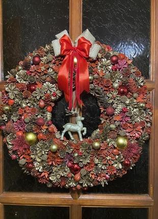 Новогодний венок на дверь, рождественский венок, ручная работа d=55 см