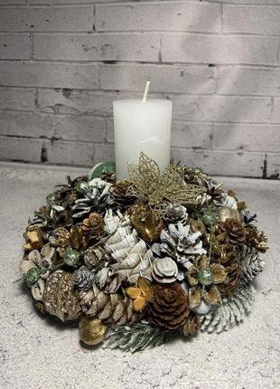 Подсвечник на стол со свечой в комплекте, новогодняя композиция, рождественский декор
