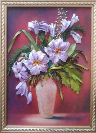 Картина лентами "лилии в вазе"3 фото