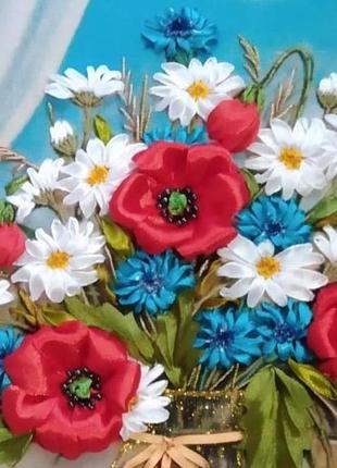 Картина с вышивкой лентами "цветы полевые"2 фото