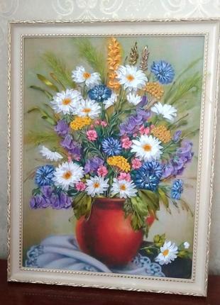 Картина з вишивкою стрічками "польові квіти"1 фото