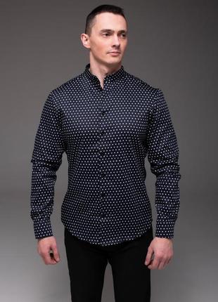 Темно-синяя в горошек мужская рубашка casual воротничок - стойка5 фото