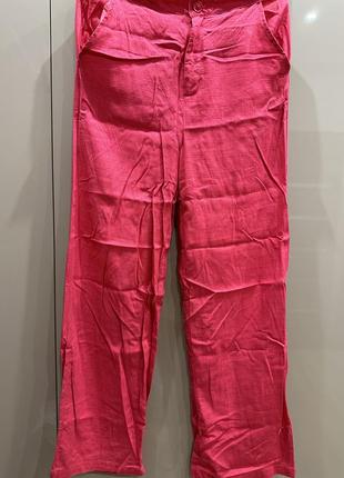 Льняные яркие летние брюки брюки лён с карманами высокая посадка широкие палаццо2 фото