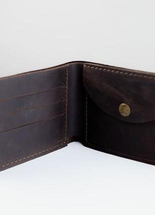 Классический мужской кошелёк из натуральной кожи темно коричневого цвета с кнопкой, застёжкой4 фото