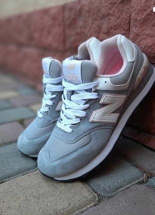 Жіночі кросівки | new balance 574 | сірі з пудрою на білій | замша/сітка, :379 фото