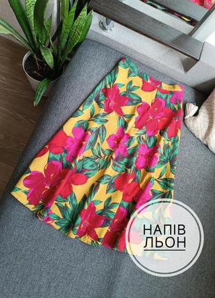 Яркая пышная миди юбка юбка в цветы полу лён1 фото