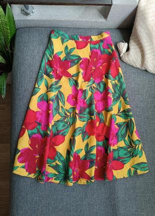 Яркая пышная миди юбка юбка в цветы полу лён3 фото