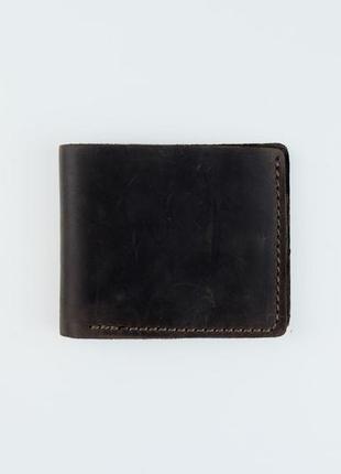 Мужской бумажник, кошелек бифолд из натуральной кожи crazy horse темно коричневого цвета без застежки