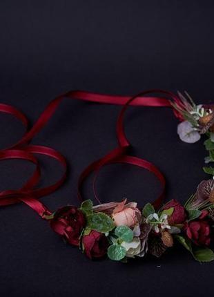 Вінок бордовий беж вінок бордо вінок з стрічками вінок весільний вінок з квітами обруч вінок з трояндами1 фото