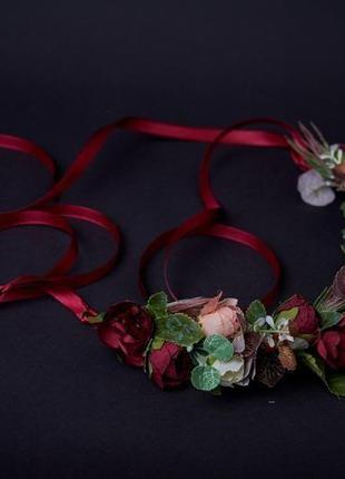 Вінок бордовий беж вінок бордо вінок з стрічками вінок весільний вінок з квітами обруч вінок з трояндами3 фото