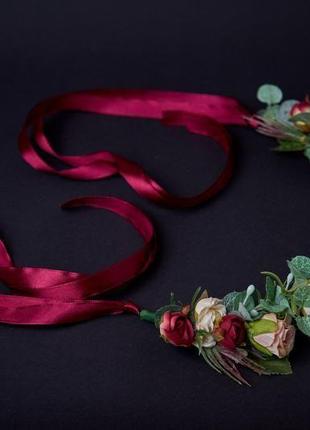Вінок бордовий беж вінок бордо вінок з стрічками вінок весільний вінок з квітами обруч вінок з трояндами4 фото