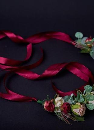 Вінок бордовий беж вінок бордо вінок з стрічками вінок весільний вінок з квітами обруч вінок з трояндами5 фото