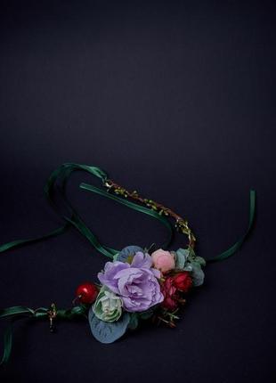 Віночок з квітами фіолетовий квіти для волосся віночок половинка віночок на лозі віночок з стрічками5 фото