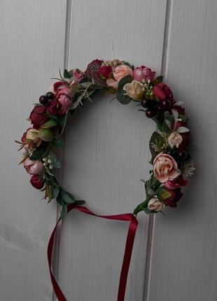 Віночок з бордовими трояндами вінок на голову рожевий вінок вінок з калиною вінок зі стрічками9 фото