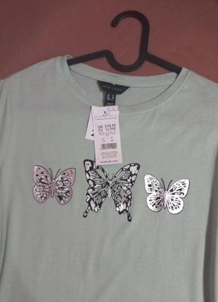 Жіноча трикотажна футболка м'ятного кольору з метеликами new look розмір 12 (євр.40)4 фото