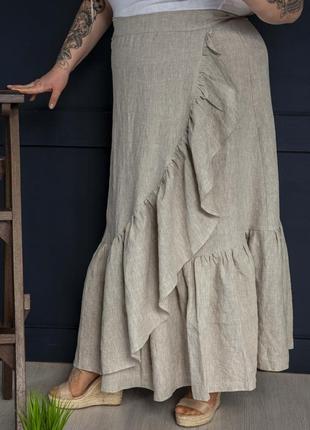Длинная льняная юбка с запахом и ассиметричным воланом2 фото