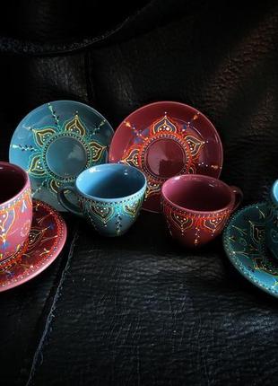 Набор керамической чашки с блюдцем ручной росписью2 фото