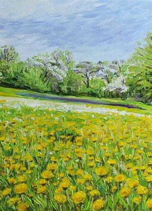 Долина цветущих одуванчиков. пейзаж картины масляными красками3 фото