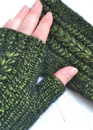 Митенки вязаные блестящие зеленые, перчатки без пальцев для автомобиля2 фото