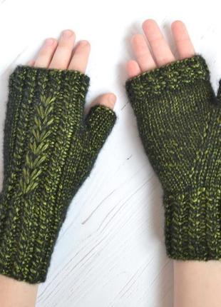 Митенки вязаные блестящие зеленые, перчатки без пальцев для автомобиля3 фото