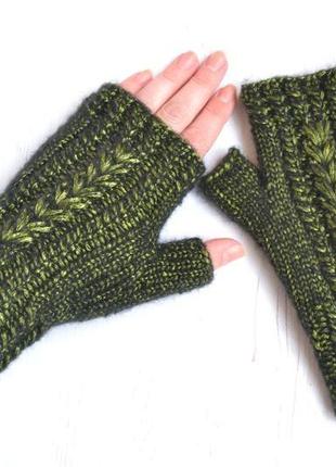 Митенки вязаные блестящие зеленые, перчатки без пальцев для автомобиля4 фото
