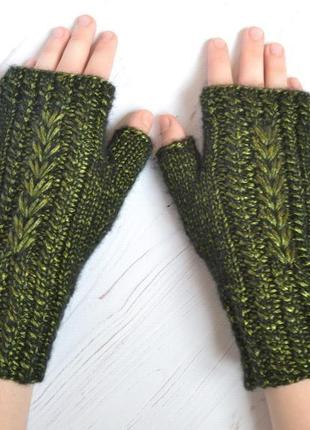 Митенки вязаные блестящие зеленые, перчатки без пальцев для автомобиля
