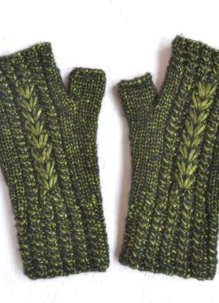 Митенки вязаные блестящие зеленые, перчатки без пальцев для автомобиля5 фото