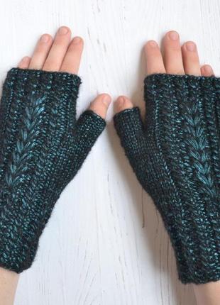 Митенки вязаные блестящие синие, перчатки без пальцев для автомобиля