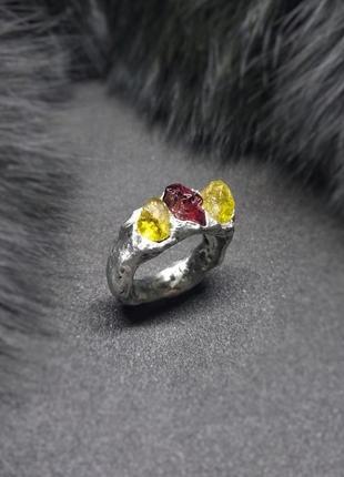 Кільце garnet, зелений гранат, червоний гранат, сплав олова, міді, срібла.2 фото