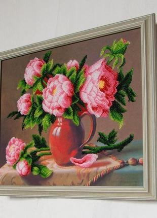 Букет розовых пионов. картина вышита бисером2 фото