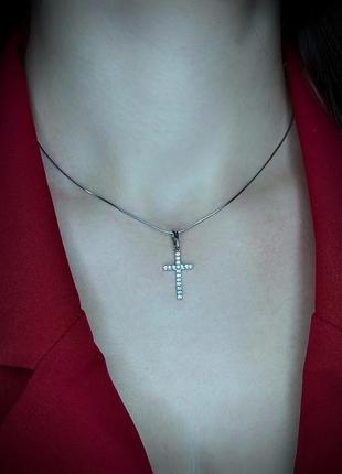 Женский серебряный крестик с кубическим цирконием покрытый родием2 фото