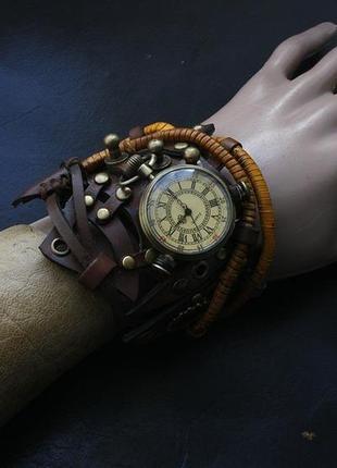 Кожаный браслет стимпанк часы1 фото