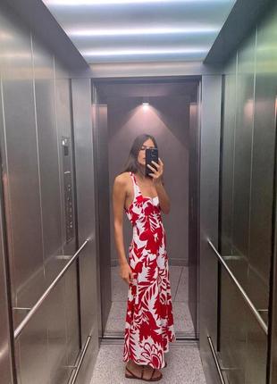 Принтована сукня лляна льон лен  плаття платье зара zara миди міді червона стильна новинка3 фото