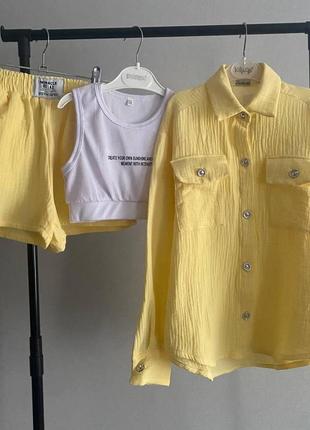 Дитячий стильний літній костюм трійка шорти топ сорочка муслін  тканина для дівчинки підлітка жовтий