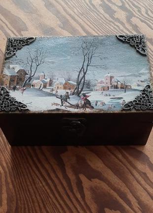 Скринька шкатулка під старовину, vintage "голландський зимовий пейзаж".2 фото