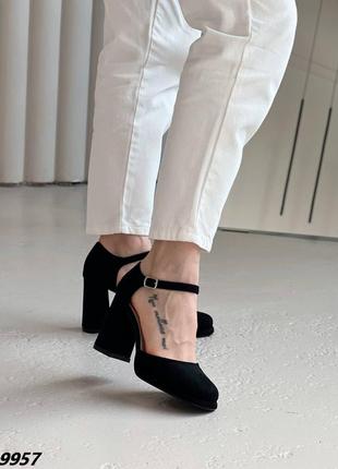 Женские открытые туфли черные на устойчивом каблуке7 фото