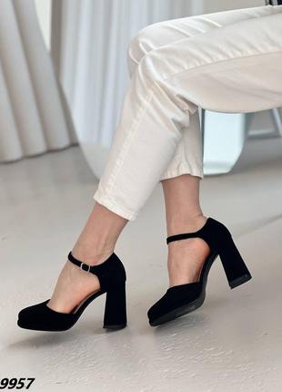 Женские открытые туфли черные на устойчивом каблуке5 фото