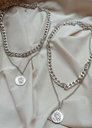 Крупная двойная цепь с подвеской медальон в серебре, цепочка чокер двойная женская10 фото