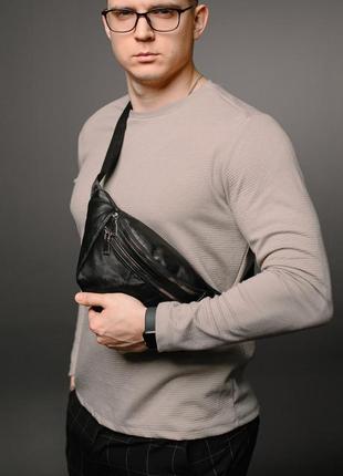 Мужская сумка на пояс из натуральной кожи, черная, поясная сумка, бананка.