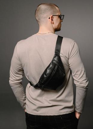 Мужская сумка на пояс из натуральной кожи, черная, поясная сумка, бананка.