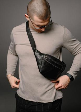 Мужская сумка на пояс из натуральной кожи, черная, поясная сумка, бананка.