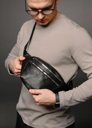 Мужская сумка на пояс из натуральной кожи, черная, поясная сумка, бананка.