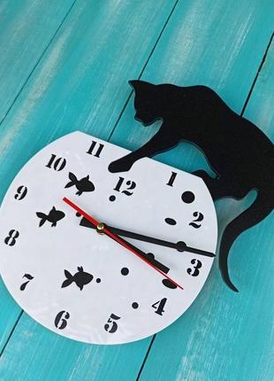 Настенные часы "кот на аквариуме", часы с котом, деревянные часы2 фото