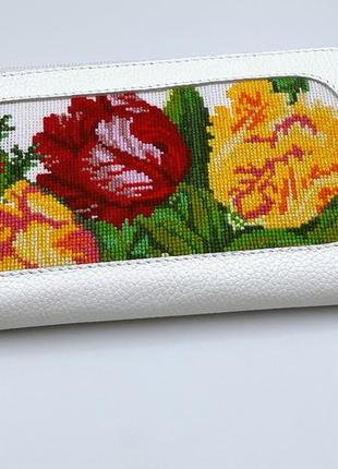 Кожаный женский кошелек, кошелек с вышивкой, вышитый кошелек, кошелек с цветами, кошельки