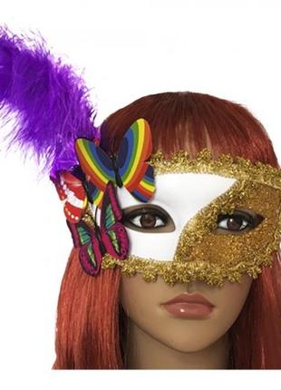 Карнавальная бело-золотая маска с перьями + подарок